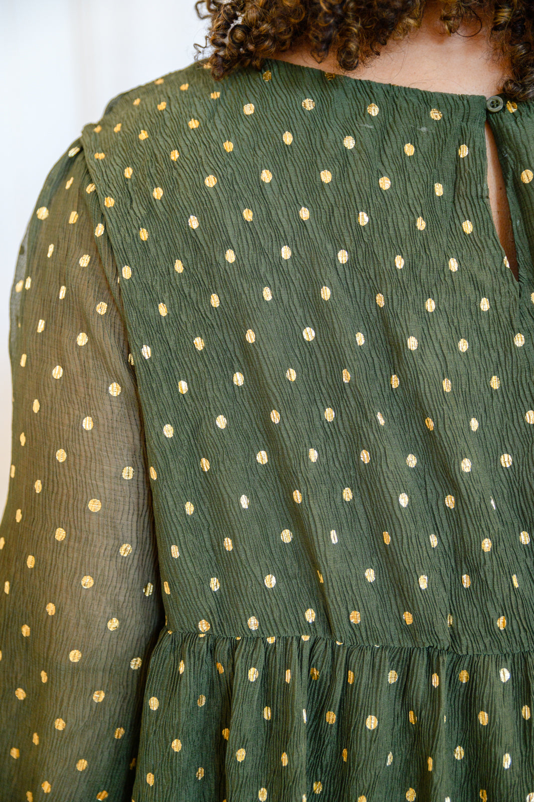 Coya Metallic Dot Tiered Blouse in Olive