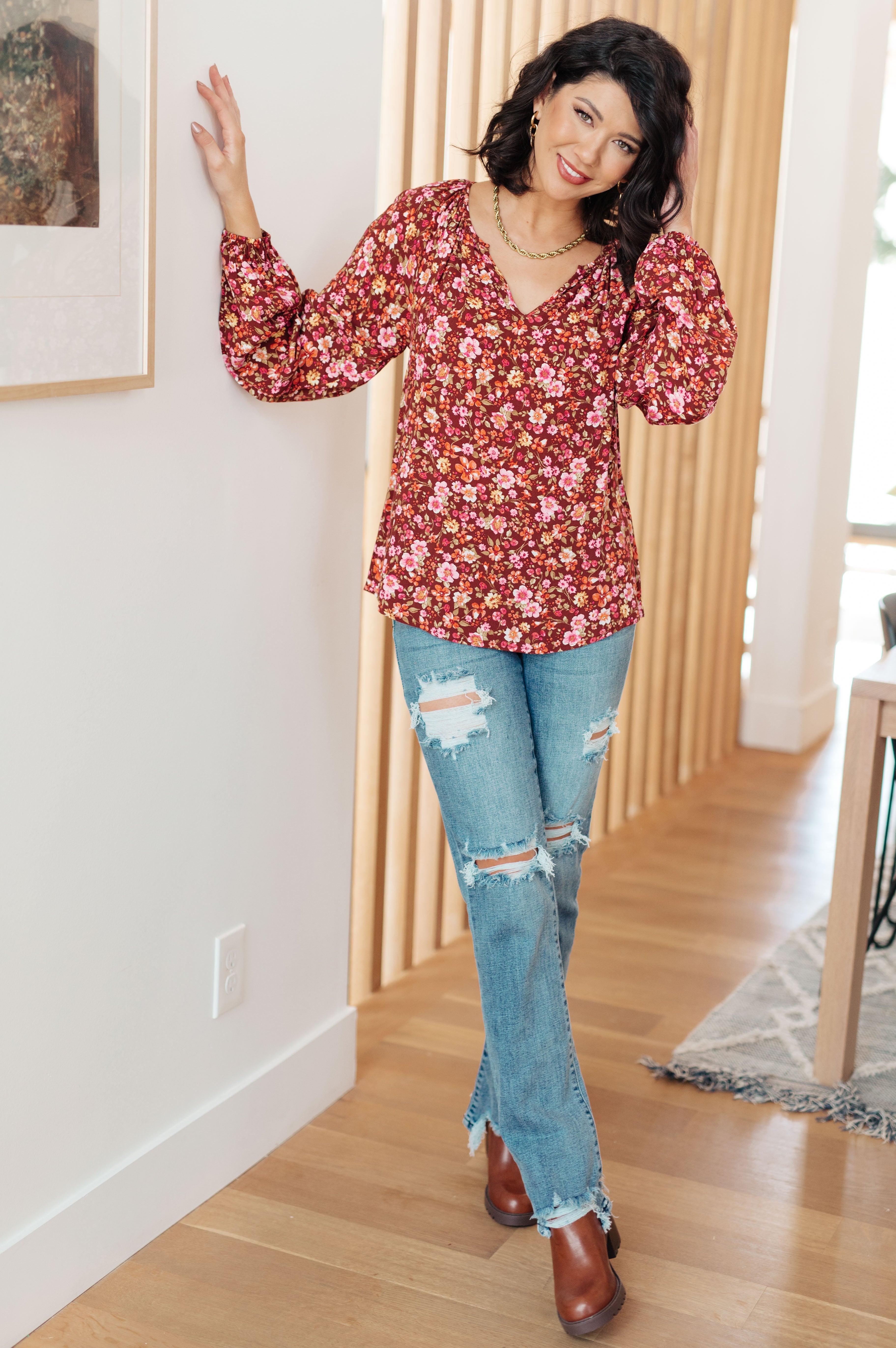 Sunday Brunch Blouse in Rust Floral